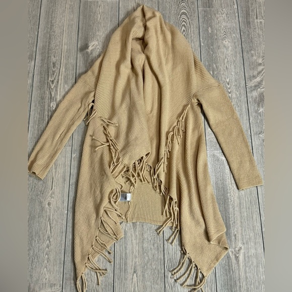 Cream/Tan color Long Duster with Fringe, Open front Cardigan, Size Small - Picture 3 of 7